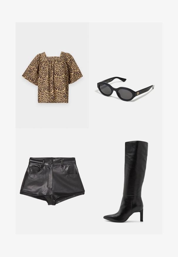 Top con stampa leopardata, scollo quadrato, maniche corte e larghe, e dettagli arricciati. Realizzato in tessuto leggero nei colori marrone e beige.; Pantaloni corti neri in ecopelle con vita alta, dotati di due tasche frontali, cuciture a vista e una texture liscia.; Stivali in pelle nera alti fino al ginocchio con punta affusolata e texture liscia. Il tacco è di tipo blocco, aggiungendo stabilità al design.; Occhiali da sole neri a forma ovale con lenti scure e montatura in plastica lucida. Presentano un logo dorato sulla stanghetta, offrendo un design elegante e moderno.; Borsetta in suede marrone con due manici robusti, forma rettangolare e dettaglio decorativo con cinturino sulla parte anteriore.
