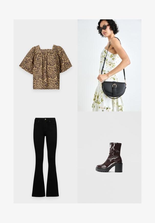 Leopardimustriga topp ruudukujulise kaelusega, lühikeste ja laiade varrukatega ning kogutud detailidega. Valmistatud kergest kangast pruunides ja beežides toonides.; Mustad kõrge vöökohtadega teksad, millel on nööp ja lukuga sulgemine, esikäe taskud ja laienevad sääred, asetatud tasasele valgele taustale.; Klakav läikiv burgundi värvi pahkluu saabas, millel on paks must konts, sile tekstuur ja lihtne disain. Nähtavad kinnitused või mustrid puuduvad.; Mustmust mustraha kõverate joontega, eemaldatava rihmaga ja kuldsete detailidega. Kotil on klapp, millel on pandladetail.