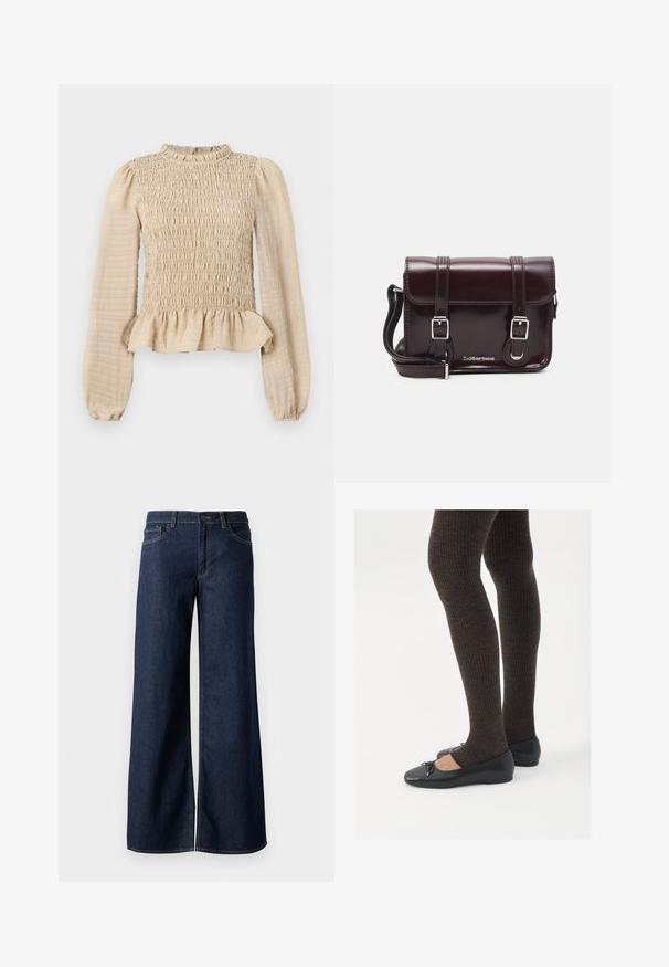 Kreminės spalvos ilgos rankovės marškiniai su smulkintą krūtinę, raukšlėta apykakle ir peplumo kraštu. Pagaminta iš tekstūruoto audinio, kuris yra minkštas.; Plati kojinės džinsai tamsiai mėlynos džinsinės medžiagos. Yra kontrastingas siuvimo ornamentas, penkios kišenės ir užsegimas mygtuku juosmenyje. Lygus paviršius.; Juodos plokščios bateliai su maža kaspinėlio detale prie pirštų, derinami su tamsiai rudos spalvos raukšlėtomis pėdkelnėmis. Bateliai turi lygų paviršių ir žemą profilį.; Bordo lakinės odos krepšys per petį, stačiakampio formos, su dviem diržais, sidabrinėmis detalėmis ir užtraukiama kiautu.