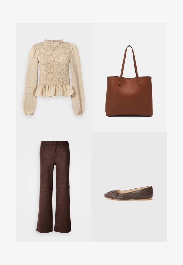 Kermakoinen pitkähihainen paita, jossa on rypytetty vartalo, röyhelökaulus ja peplum-helma. Valmistettu teksturoidusta kankaasta, joka on pehmeä pinta.; Ruskeat leveät housut pehmeästä, mokkamaisesta kankaasta. Varaudut neljään taskuun, napin kiinnitykseen ja sileään, tekstuuriin pintaan.; Ruskeat nahka ballet-tossut, joissa on pyöristetty kärki, rypytystä edessä ja vaalea litteä pohja.; Ruskea nahkainen olkalaukku, jossa on sileä pinta, avoin yläosa ja kaksi olkahihnaa. Omaavat vain minimaalisen ompelun eikä näkyvää metalliosaa.