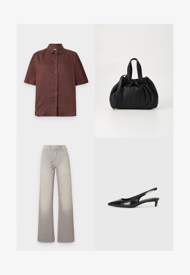Rjava kratka srajca z gumbi, izdelana iz lahkega blaga. Ima ovratnik in ravno spodnje robove ter sproščen kroj.; Sive široke jeans hlače z utonulim zaključkom, z gumbom za zapiranje, petimi žepi in šiviljskim detajlom ob šivih.; Črne usnjene sandale na peto z ostro konico, ki imajo tanko peto in zlat ton na nastavljivem traku. Gladka tekstura.; Črna usnjena torbica z zloženim zgornjim dizajnom, opremljena z dvema kratkima ročkama in dolgo nastavljivo naramnico. Gladka tekstura, okrogla oblika.