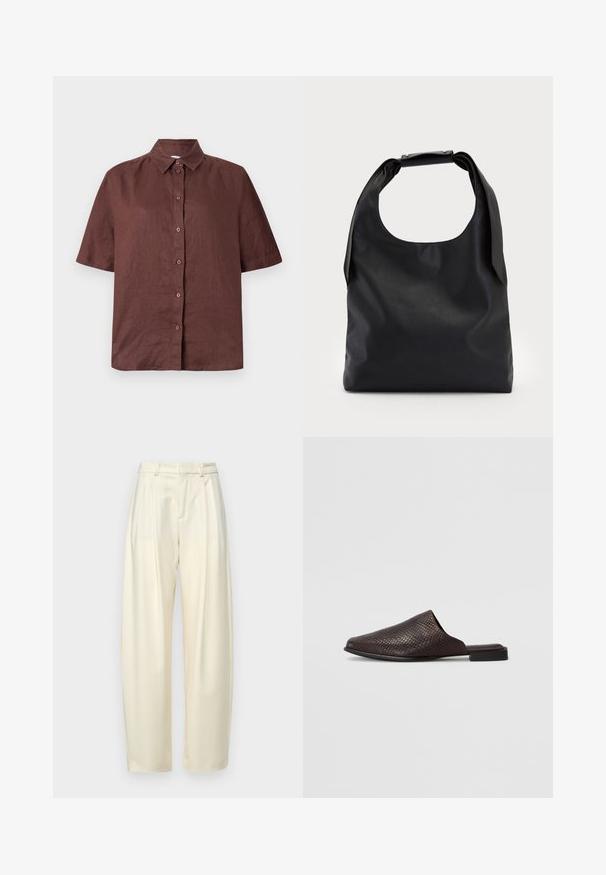 Brown short-sleeve button-up shirt made of lightweight fabric. Features a collared neck and straight hem with a relaxed fit.; Pleated, high-waisted trousers in light cream fabric. Features a straight cut and a smooth texture. No pockets or visible hardware.; Black slip-on mule made of textured material with a reptile pattern, featuring a low, flat heel and a rounded, open toe design.; Black leather hobo bag with a single, soft, rounded handle; features a smooth texture and a minimalist design. No visible hardware or accents.