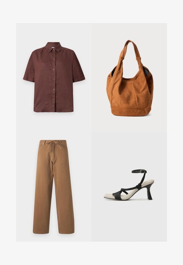 Camisa de botão de manga curta castanha, feita de tecido leve. Apresenta um colarinho e uma barra reta, com um corte descontraído.; Calças largas castanhas feitas de algodão, com uma cintura ajustável por cordão e dois bolsos frontais. Tecido texturizado com um acabamento suave.; Sandal com salto alto preto e design de tiras trançadas, bico quadrado e tira de tornozelo ajustável. Sola em tom bege claro com um salto preto brilhante.; Bolsa de ombro em camurça castanha com uma textura suave, forma curva e duas alças. Apresenta um design minimalista, sem hardware ou detalhes visíveis.