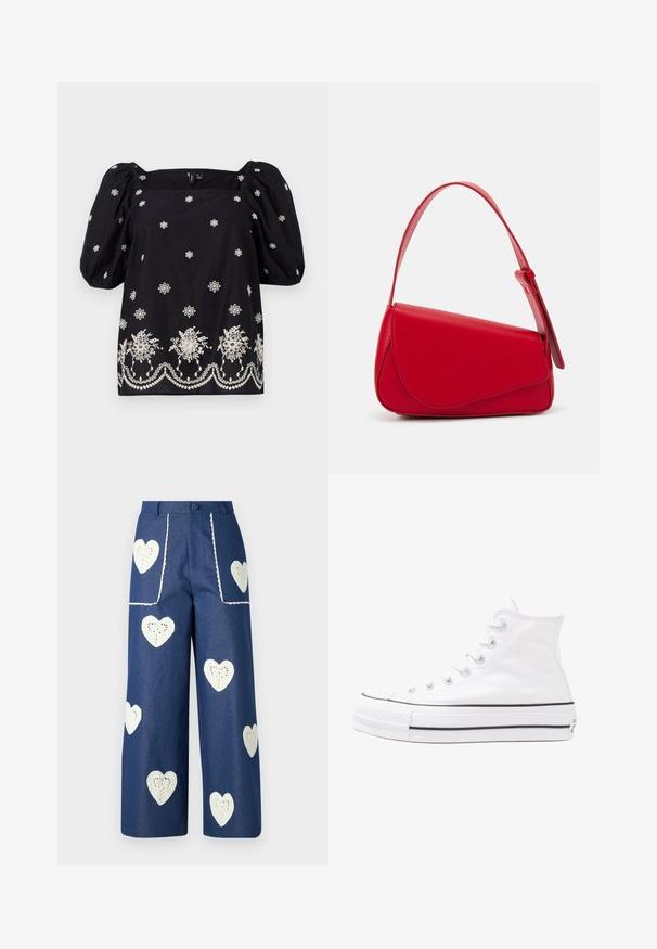 Svart, løs bluse med puffermer. Har hvit blomsterbroderi og dekorativt pynt langs bunnen. Fyrkantet utringning.; Sister Jane HEART TO HEART - Jeans straight leg - blue denim; Hvit høy-skinn kanvas sneakers med svart gummisåle, gummitåhette foran og seks hull for snorer, med et rent, minimalistisk design.; Rød lærveske med en vinklet, geometrisk design. Har en enkelt justerbar stropp og en klaffelukking med sydd detaljer.