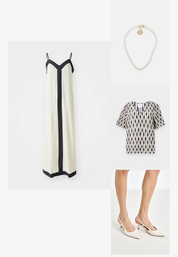 Kreemikortsleeve top V-kaelusega, millel on eriline tumesinine ja must piklik lehepatiste muster kangal.; Kreemivärvi sans-sleeve maxi kleit, millel on sügav V-kaelus ja must ääris servadel ja ees. Valmistatud kerge kangaga.; Beesek patentnaha slingback kontsad 5 cm kontsaga, millel on terav nina ja lõigatud külgedega ning õhuke pahkluu rihm.; Valge lilleline käekott, millel on volditud kangapind, kuldne ahelakott ja metallist klamber. Omab tekstureeritud kroonlehti, mis lisab detailidele sügavust.; Lauren Ralph Lauren COLLAR - Kaelakee - gold-coloured/white