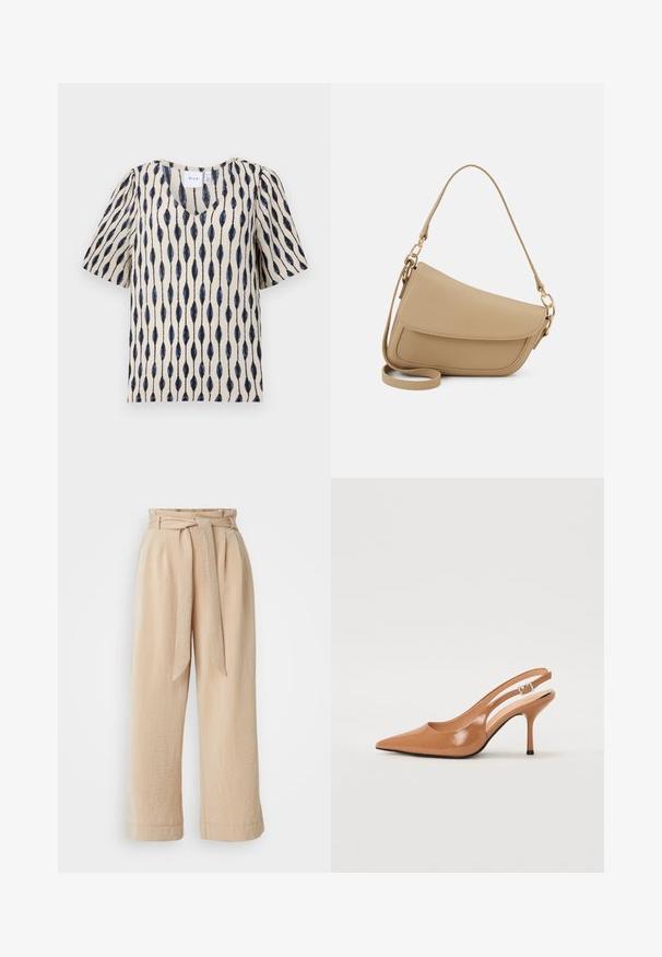 Cremefarvet kortærmet top med V-hals, som har et karakteristisk langstrakt bladmønster i navy og sort på stoffet.; Beige bukser med bred ben, der har en bælte i taljen, lavet af tekstureret stof. Har en frontfold og en glat afslutning langs sømmen.; Spids tå slingback hæl i et glat, blankt tan materiale. Har et buet udskæring design og en slank stiletto hæl. Sølv spænde detalje.; Even&Odd Håndtasker - beige