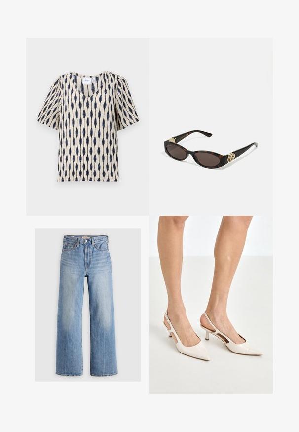 Cream short-sleeve top with a V-neck, featuring a distinctive navy and black elongated leaf pattern across the fabric.; Light blue denim wide-leg jeans with a high waist, faded areas, five pockets, and contrast stitching. Classic button and zipper closure.; Beige patent leather slingback heels with a pointed toe and 5 cm heel, featuring cut-out sides and a thin ankle strap.; Tortoiseshell sunglasses with elongated oval lenses, brown tint, gold logo accents on temples, and sleek black arms.; Curved cream leather handbag with a single strap, gold hardware, and subtle branding at the bottom. Zipper closure along the top edge.; Gold necklace featuring a leaf design with textured details. The piece has a chain closure and a natural, flowing shape.