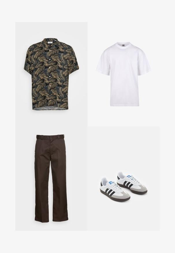 Lühikeste varrukatega must särk, millel on kuldne ja heledhalli palmi lehe muster. Omab kaelust ja ees nupuvajutusi.; Valge puuvillane t-särk ümmarguse kaeluse, lühikeste varrukate ja lõdva lõikega. Omab lihtsat disaini ilma mustrite või aktsendita.; Pruunid püksid sirge lõikega, millel on lapikud esipooled, vöökohaga silmused ja sile tekstuur. Lihtne disain ilma mustrite või aktsentideta.; Spordijalatsid valge nahkpealsega, halli nubuk-naha otsaga ja kolme musta triibuga. Omab sinist logo keele peal ja struktureeritud kummitalda.