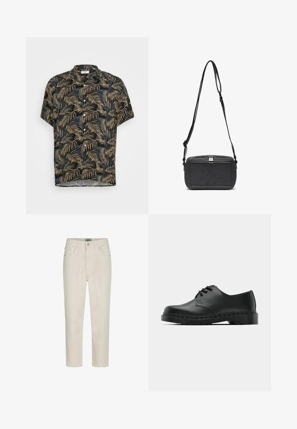 Kortermet svart skjorte med palmebladmønster i gull og lys grå. Har krage og knappelukking foran.; Beige rett benbukser med frontknapp, beltehemper og fem-lomme design, vist på en hvit bakgrunn.; Svarte lær oxford-sko med snøring, rund tå, flat gummisåle og diskret sømdetalj langs overflaten.; Svart skinn crossover-veske med glidelås, preget logo på fronten og justerbar stropp. Glatt tekstur med rektangulær form.