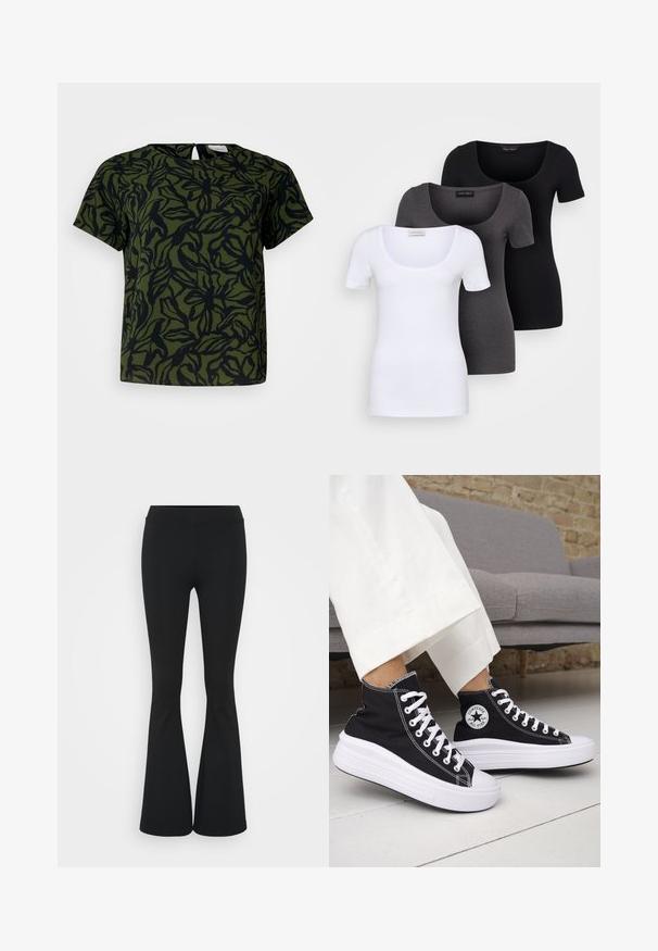 Top a maniche corte di colore verde scuro con un motivo a foglia nera, caratterizzato da un collo rotondo e un dettaglio a chiave sul retro. Tessuto morbido.; Tre T-shirt aderenti in bianco, grigio e nero. Ognuna presenta un ampio scollo a barca e maniche corte. Realizzate in un tessuto morbido e elastico.; Pantaloni neri a zampa d'elefante realizzati in tessuto elasticizzato, con una vita alta e una superficie liscia. I pantaloni si allargano a partire dal ginocchio.; Sneakers nere alte con suole e lacci in gomma bianca. Presentano una toppa con logo rotondo e cuciture a contrasto bianche. Materiale in tela.