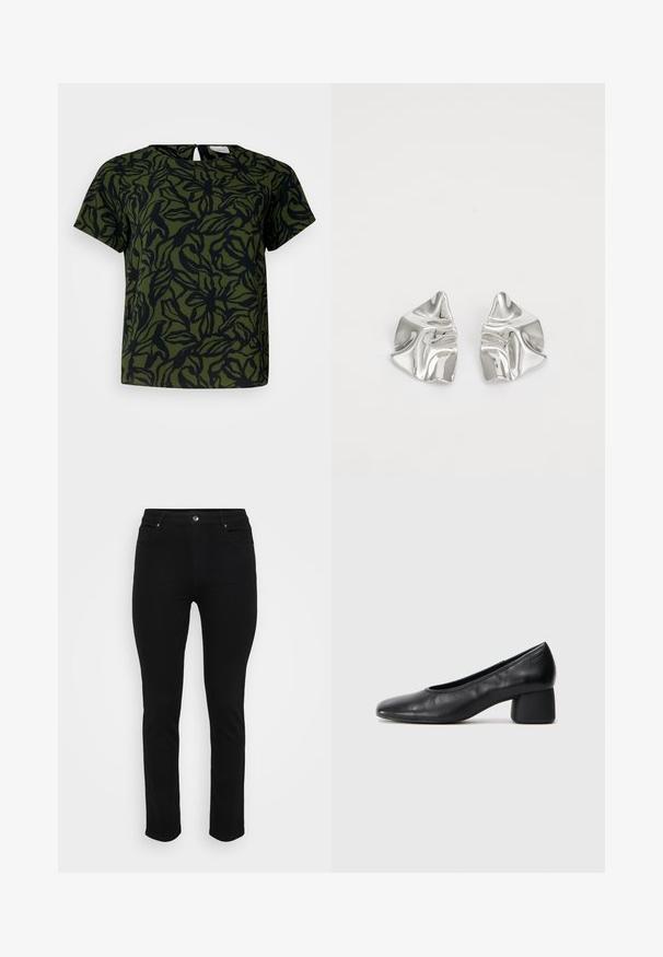T-shirt de manga curta em verde escuro com um padrão de folhas pretas, apresentando um decote redondo e um detalhe de orifício nas costas. Tecido suave.; Jeans de ganga pretos com um corte slim, design de cinco bolsos, fecho frontal por botão e ligeira elasticidade para conforto. Textura lisa e plana com detalhes mínimos.; Sapato de salto preto em couro com bico arredondado e salto médio bloco. Textura suave com detalhes mínimos, apresentando uma abertura elástica discreta.; Brincos de metal prateado com um design ondulante e escultural, apresentando um acabamento polido e formas irregulares, destacando uma estética contemporânea.
