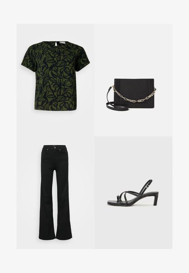 Kortermet topp i mørkegrønn med svart bladmønster, med rund halslinning og et nøkkelhulldetaille bak. Myk stofftekstur.; Svarte utsvingte jeans laget av denim, med høy midje, fem lommer og metallknapplukking. Glatt tekstur med minimal detaljering.; Sorte sandaler med stropper, firkantet tå og lav blokk hæl. Har flere tynne stropper og en justerbar ankelstropp. Laget av glatt lær.; Svart lær crossbody-veske med glatt tekstur, rektangulær form og metallkjede detaljer på framsiden. Justerbar stroppe inkludert.