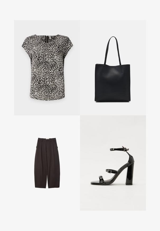 Črno-bež kratkotrajni top z teksturiranim, abstraktnim vzorcem, okroglim izrezom in diskretnim zadrgo na hrbtni strani.; Črne široke hlače iz gladkega materiala, z visokim pasom, zgornjimi pregibi in stranskimi žepi. Preprost dizajn brez okrasnih elementov.; Črne lakirane sandale s peto, kvadratnim prstom, trakovi okrog gležnja in srebrnimi zaponkami. Opremljene so s stabilno Debelo peto.; Črna usnjena torba s svilnato teksturo, pravokotne oblike in dvema dolgima ročajema. Brez vidnih metalnih delov ali okrasnih elementov.