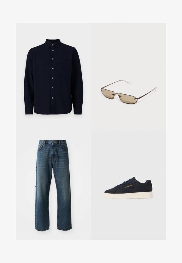 Mornarska dolga majica z dolgimi rokavi iz mehkega materiala. Ima zapenjanje spredaj, usnjast ovratnik in žep na prsih. Sivi gumbi dodajajo kontrast.; NN.07 OTIS - Ravne kavbojke - stonewashed; Mornarsko modre semiš nizke superge z belim podplatom, mornarskimi vezalkami in z zlatim logotipom "Filling Pieces" na strani.; Rjave metalne pravokotne sončna očala z rjavimi zatemnjenimi lečami in tankimi, prozornimi ušesnimi konicami, ki se ponašajo z minimalističnim oblikovanjem in diskretnim logotipom.