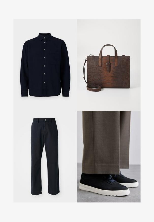 Camicia a maniche lunghe blu navy realizzata in tessuto morbido. Presenta una chiusura con bottoni, un colletto a punta e una tasca sul petto. I bottoni grigi aggiungono un contrasto.; Pantaloni in cotone blu navy con design a gamba dritta, dotati di chiusura frontale con bottone e due tasche laterali. Tessuto morbido, senza motivi visibili.; Sneakers in suede nera con suole in gomma bianca, dotati di punta tonda e lacci, indossati con pantaloni grigi su misura.; Borsa in pelle marrone con stampa coccodrillo, dotata di manici superiori e tracolla removibile. Caratterizzata da una chiusura a fibbia e forma rettangolare.