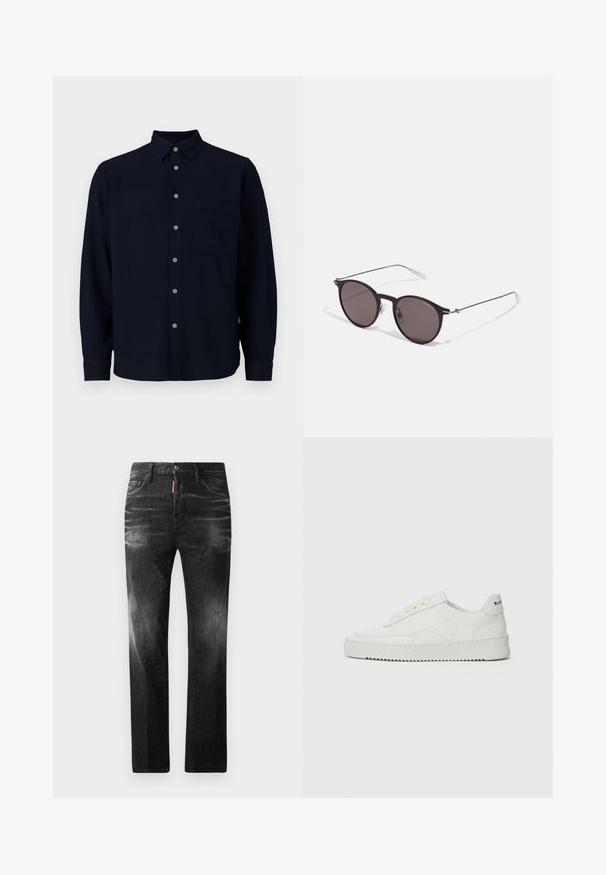 Marineblå langærmet skjorte lavet af blød stof. Har en knaplukning foran, en spids krave og en brystlomme. Grå knapper tilføjer kontrast.; Sorte denim jeans med lige pasform. Har falmede områder, mindre slid, klassisk fem-lommer design og knaplukning.; Hvide lædersneakers med en glat overflade, rund tå, flade snørebånd og en tekstureret sål. Har et diskret logo på hælen.; Sorte runde solbriller med mørke linser og slanke metalarme. Inkluderer klare tempeltips og sølvdetaljer ved hængslet. Minimalistisk design.