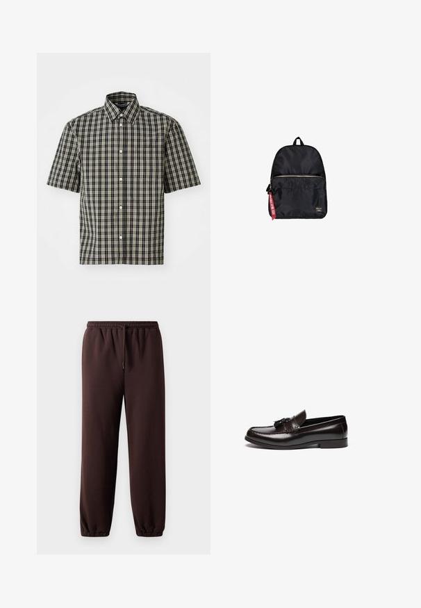 Juodai ir smėlio spalvos langeliu rašo, trumpų rankovių marškiniai, su mygtukiniu apykakle ir kairiu krūtinės kišeniu. Klasikinis langelių raštas visame paviršiuje.; Rudos sportiniai džinsai su raišteliu juosmens, elastingomis apačiomis ir minkšta medvilne. Turi laisvą siluetą ir minimalų dizainą.; Rudos odinės loafer'iai su lygia apdaila, su siuvinėjimu ir dekoratyviniais kutais priekyje. Lygus padas ir apvalus pirštas.; Juodas nailono kuprinis su apvaliu dizainu, priekinėmis užtrauktukų kišenėmis, viršutine rankena ir raudonu prekės ženklo užtrauktuko traukikliu. Auksinės užtrauktuko detalės.