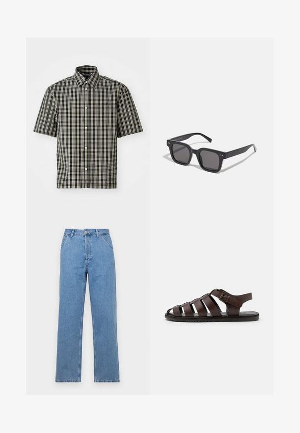 Kortek shirt in zwart en beige geruite katoen, met een button-down kraag en een borstzak aan de linkerkant. Klassiek ruitpatroon over de hele shirt.; Lichtblauwe spijkerbroek met rechte pijpen en een klassiek vijf-pocket ontwerp, voorzien van een knoopsluiting aan de voorkant en riemlussen. Soepele textuur.; Bruine leren sandaal met meerdere brede banden, open teenontwerp, gespsluiting bij de enkel en textuurzool voor grip.; Zwarte rechthoekige zonnebril met donkere lenzen, voorzien van een dik montuur, subtiele accenten aan de zijkanten en zonder zichtbare logo's behalve de merknaam.