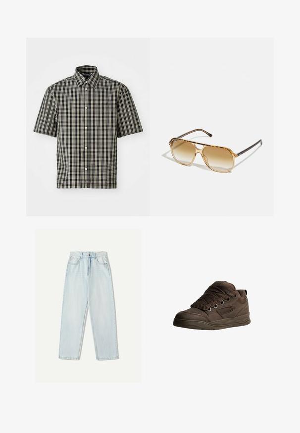 Kortek shirt in zwart en beige geruite katoen, met een button-down kraag en een borstzak aan de linkerkant. Klassiek ruitpatroon over de hele shirt.; Lichtblauwe denim jeans met een relaxte pasvorm, recht model, vijf zakken en subtiele vervaging in de stof.; Bruine sportieve schoenen gemaakt van glad synthetisch materiaal. Bevat dikke veters, mesh-accenten, een gevoerde kraag en een gestructureerde rubberen zool.; Schildpad zonnebril met een rechthoekig montuur, bruin vervagende lenzen en slanke zwarte pootjes met subtiele logo-accenten.
