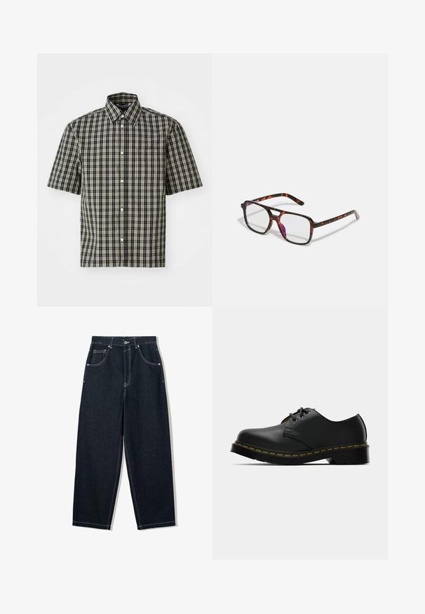 Kortærmet skjorte i sort og beige ternet bomuld med krave og en venstre brystlomme. Klassisk ternet mønster overalt.; Løsvidde, mørke denim jeans med kontrastfarvet hvid syning, fem lommer og knappelukning. Har et højt talje-design.; Sorte læder sko med rund toe, snørelukning, gule syninger langs sålen og en kraftig sort gummisål for godt greb.; Skildpadde-mønstrede briller med rektangulære linser, sorte og orange stel, der har en blank finish og slanke stænger.