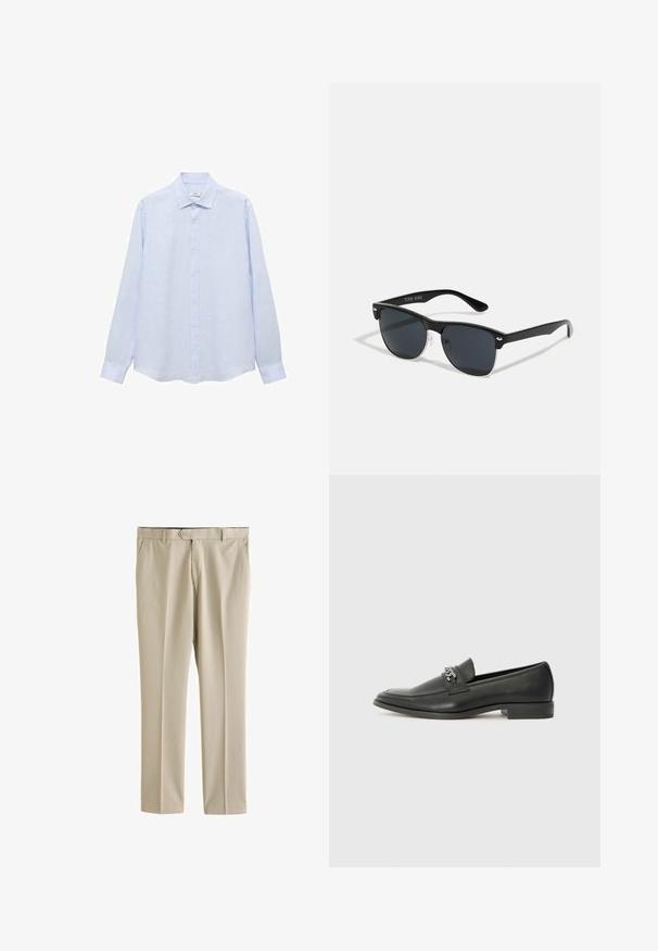 Camisa de botones de manga larga en azul claro, fabricada con un tejido texturizado. Presenta un cuello clásico y un corte recto con un bajo ligeramente redondeado.; Next Pantalones - neutral; Mocasín de cuero negro con un acabado suave, que cuenta con un diseño de costura y un acento decorativo de cadena de metal en el empeine. Tacón plano.; Gafas de sol negras con forma rectangular, lentes oscuros, detalles plateados en las patillas y un acabado mate en la montura.