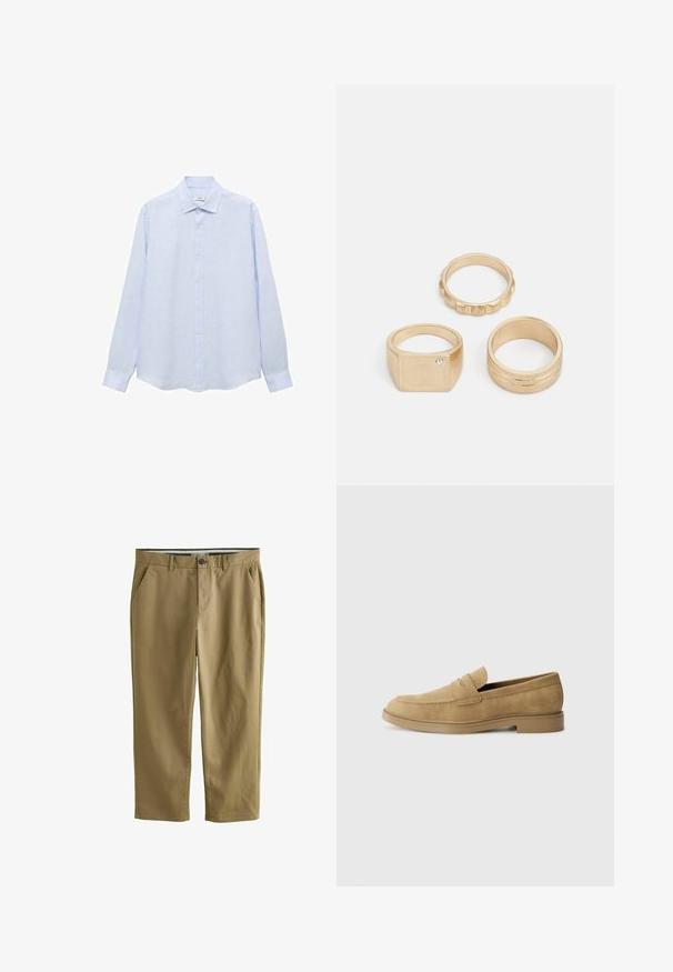 Svetle modrá košile s dlouhým rukávem na knoflíky vyrobená z texturované tkaniny. Má klasický límec a rovný střih se mírně zaobleným lemem.; Khaki chinos vyrobené z bavlněné směsi, se dvěma bočními kapsami, zapínáním na knoflík, rovnými nohavicemi a hladkou texturou.; Béžové semišové mokasíny s kulatou špičkou, nízkým blokovým podpatkem a prošíváním na svršku. Hladký povrch a minimalistický design.; Tři zlaté prsteny: prsten čtvercového tvaru s malým kamenem, texturovaný kroužek s drážkami a hladký, lesklý prsten se dvěma drážkami.