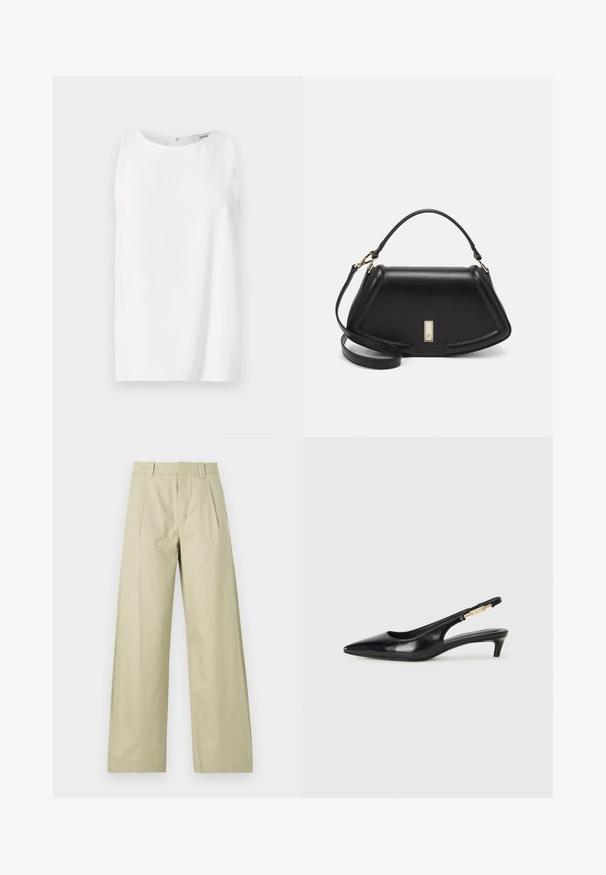 Ermeløs hvit topp laget av glatt stoff, med rund halslinning og rett snitt med lukking bak. Enkel og minimalistisk design.; Videbukser i lys beige bomull, med flat front og legg, beltehemper og oppbrettede hem. Glatt struktur og uformelt design.; Sorte lærreim hæler med spiss tå, som har en slank hæl og en gullfarget detalj på den justerbare stroppen. Glatt tekstur.; Sort lærveske med en strukturert design, som har en avkortet form, topphåndtak og detaljer i gull. Justerbar skulderstropp inkludert.
