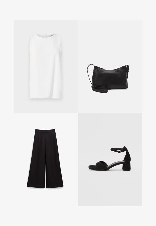 Top bianco senza maniche realizzato in tessuto morbido, con scollatura rotonda e taglio dritto, dotato di chiusura sul retro. Design semplice e minimal.; Pantaloni neri a gamba larga caratterizzati da una texture liscia, una chiusura con bottone in vita e una vestibilità comoda. Nessun motivo o dettaglio visibile.; Sandali con tacco in suede nero, con una sottile fascia alla caviglia, design open toe e un discreto tacco a blocco. Texture liscia e decorazioni minime.; Borsa a spalla in pelle nera con una texture liscia, forma curva, tracolla regolabile e chiusura con zip. Design minimalista senza ornamenti.