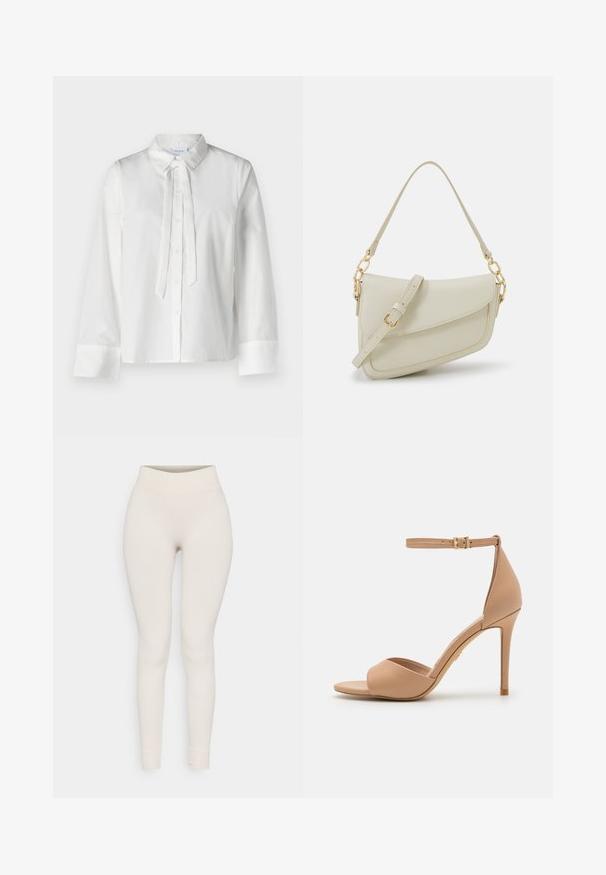 Valkoinen, pitkähihaisia paita, jossa on kaulus, etupainike ja nauha yksityiskohta kaula-aukossa. Sileä kangas ja lyhennetty muotoilu.; Vatsatut leggingsit beige-värissä, joissa on korkea vyötärö ja istuva muotoilu. Sileä kangas, kapenevat lahkeet ja resorit. ; ALDO CRERIDE PILLOW WALK - Sandaalit nilkkaremmillä - beige; Pieni kerma beige käsilaukku, jossa on teksturoitu pinta, pitkä säädettävä olkahihna, ketjua korostava yksityiskohta ja läppälukko. Kultaista metalliosaa.; Hope hopea, joissa on kierren muotoilu, kiiltävä pinta ja takana kiinnitettävä suljin. Halkaisija noin 3 cm.