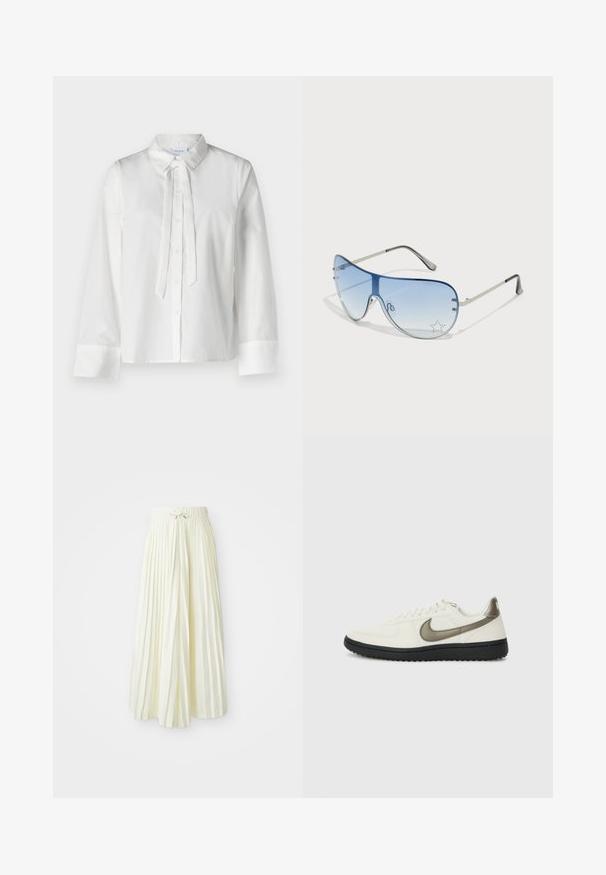 Fehér, hosszú ujjú blúz gallérral, elülső gombos záródással és nyakkivágásnál megkötő részlettel. Simább anyag és rövidített fazon.; Redőzött midi szoknya világos sárga szövetből, rugalmas derékkal és megkötővel, sima textúrával és függőleges csíkokkal a részletek kiemelésére.; Nike Sportswear FIELD GENERAL - Sportcipő - off-white/black; Pilóta napszemüveg, melynek áttetsző kék lencséje, ezüst fém kerete és díszes csillag díszítések találhatók a lencsén. Simogató és elegáns dizájn.