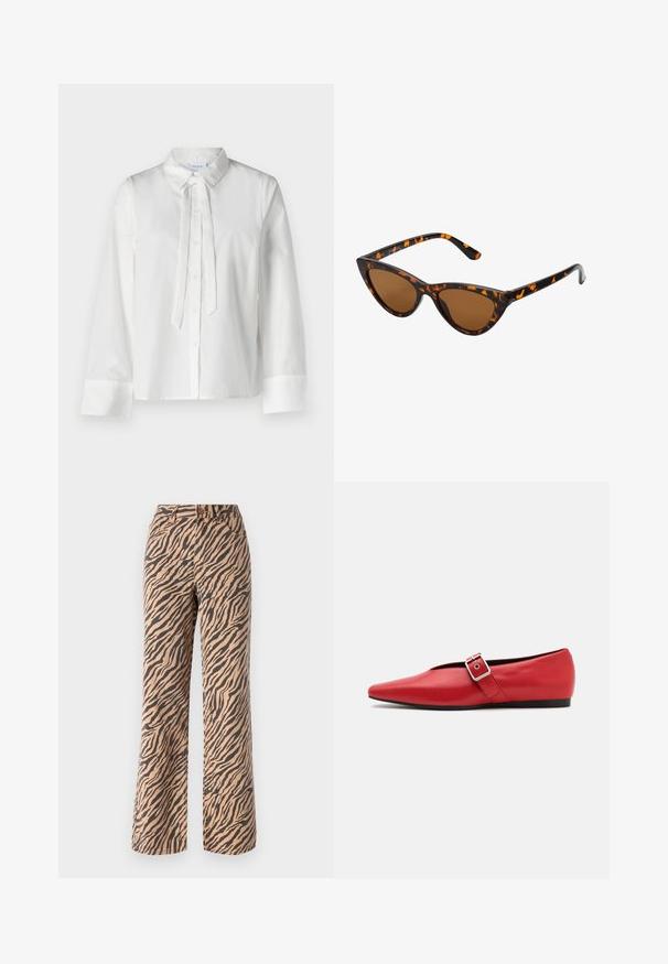 Valge, pika varrukaga pluus, millel on krae, esine nupu sulgemine ja nööri detail kaeluses. Sile kangas ja lühendatud disain.; Laiad püksid tigeristriipe mustris pruunides ja mustades toonides, standardse vöökohaga ja viie taskuga disainiga.; Punane nahast lameda tallaga king, millel on terav nina, külje peal rihm metallklambriga ja madal must konts. Ühtlane sile tekstuur.; Kassi vormiga prillid musta ja oranži kilpkonnakujulise raami, pruunide läätsede ja elegantsete teravate otstega. Templi juures on minimaalne logo.