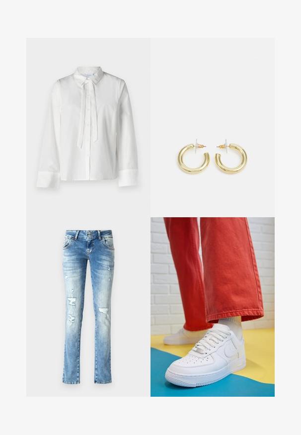 Valge, pika varrukaga pluus, millel on krae, esine nupu sulgemine ja nööri detail kaeluses. Sile kangas ja lühendatud disain.; Heledad sinised teksad, millel on lõõgastav istuvus, kulunud detailid, kahe nööbiga nööpauk ja sirged sääred.; Valge nahast tennis, millel on perforeeritud varvas, tekstureeritud tallad ja valged shoelaces, kombineeritud laia punase pükste ja sinise ning kollase taustaga.; Kuldne rõngassõrmused sileda ja läikiva viimistlusega. Ringikujuline disain, millel on väike post ja selge tagumine külg, et tagada kindel kandmine.