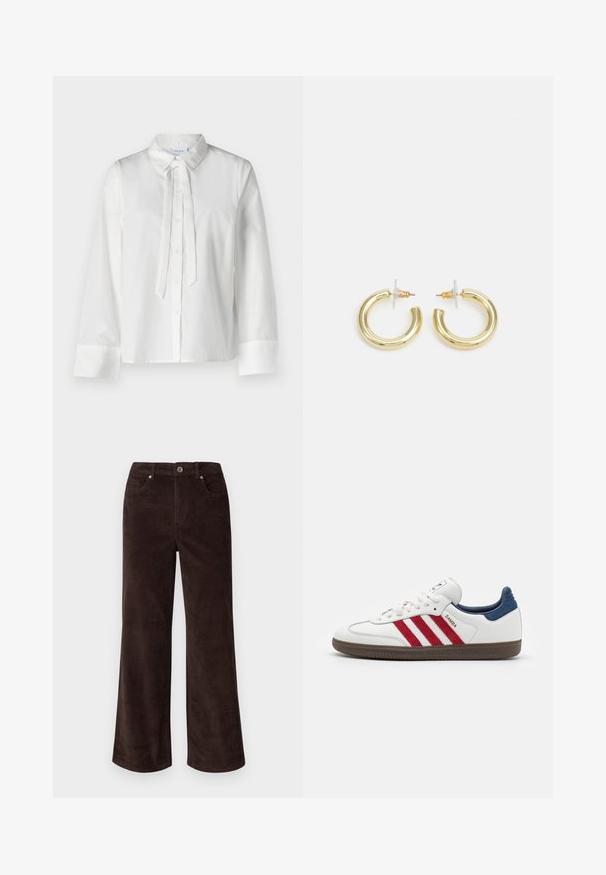 Blusa bianca a maniche lunghe con colletto, chiusura frontale a bottoni e dettaglio a cravatta al collo. Tessuto liscio e design cropped.; Vero Moda Petite VMTESSA PANTS - Pantaloni - chocolate torte; Sneaker bianco con strisce in suede rosso, accentuazione del tallone in suede blu e suola in gomma marrone texture. Presenta chiusura con lacci e logo.; Orecchini a cerchio in oro con una finitura liscia e lucida. Design circolare con un piccolo perno e una chiusura trasparente per un indosso sicuro.