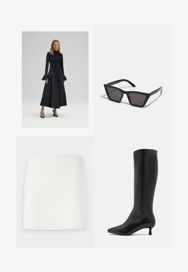 Svart långärmad topp med hög krage och utsvängda manschetter, tillsammans med en flödande svart kjol och svarta högklackade skor med dekorationer.; Vit, figurnära mini kjol med en slät textur och rena linjer. Inga synliga mönster eller detaljer. Rak fåll i botten.; Zign Stövel - black; Svarta, vinklade solglasögon med grå linser; tillverkade av plast, med tjocka skalmar med en slät yta och utan synlig hårdvara.