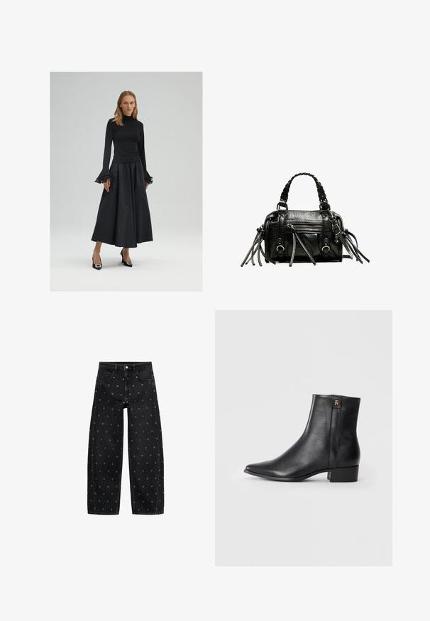 Cămașă neagră cu mâneci lungi, guler înalt și manșete evazate, asortată cu o fustă neagră fluidă și pantofi cu toc înalt negri, ornamentați.; Top corset bej cu imprimeu leopard, având bretele subțiri ajustabile, un design structurat și cusături verticale pentru formă.; Jeans din denim negru, cu picioare largi, având un model de mici gromete argintii, cu un design clasic cu cinci buzunare și închidere cu buton în față.; Botine negre din piele, cu vârful ascuțit, textură netedă, toc mic pătrat și un logo auriu pe lateral.; Geantă din piele neagră cu mânere împletite, suprafață texturată, buzunar frontal cu fermoar și accente decorative din franjuri. Formă compactă și structurată.