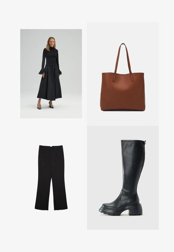 Černý dlouhý rukáv top s vysokým límcem a rozšířenými manžetami, spárovaný s volnou černou sukní a černými vysokými podpatky se zdobením.; Černé kalhoty s rovným střihem, s předními kapsami a bočními rozparky na lemu. Vyrobené z jemné, hladké tkaniny. Vhodné na různé příležitosti.; Vysoká černá kožená bota s masivní platformou a blokovým podpatkem, s poutkem a texturovaným vzorkem na podrážce.; Hnědá kožená taška přes rameno s hladkou texturou, otevřeným designem a dvěma ramenními popruhy. Obsahuje minimální švy a žádné viditelné kovové prvky.