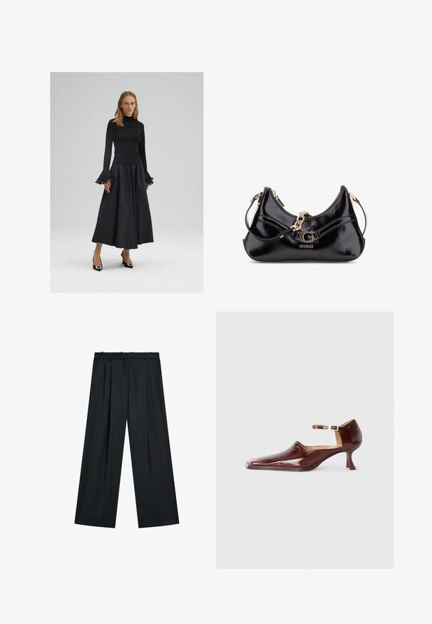 Černý dlouhý rukáv top s vysokým límcem a rozšířenými manžetami, spárovaný s volnou černou sukní a černými vysokými podpatky se zdobením.; Černé široké kalhoty s plisovaným předním dílem, pasem s poutky na opasek a bočními kapsami. Vyrobené z hladkého materiálu s elegantním designem.; Burgundské lakované boty s špičatou špičkou, kotníkovým pásem a 5 cm zúženým podpatkem. Hladký povrch a minimalistický design.; Lístkový kabelka z černého lakovaného kůže s klenutým designem, zlatými kovovými doplňky a výrazným logem. Obsahuje odnímatelný popruh na rameno.