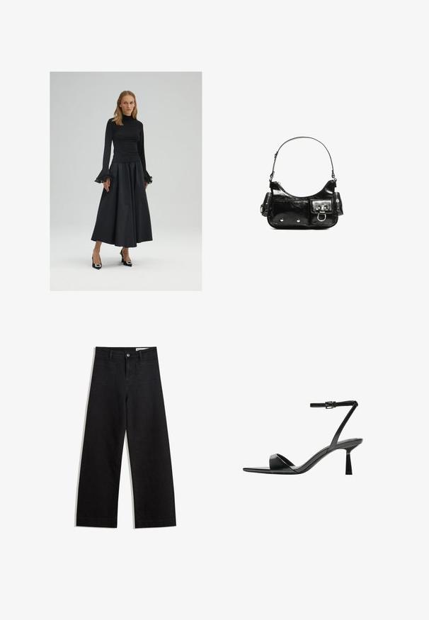 Zwarte lange mouwen top met een hoge hals en uitlopende manchetten, gecombineerd met een vloeiende zwarte rok en zwarte hoge hakken met versieringen.; Zwarte denim broek met wijde pijpen en een hoge taille, voorzien van voor- en achterzakken, gestikte naden en een knoopsluiting. Gladde textuur.; Bershka Sandalen met hoge hak - black; Zwarte laarzen in lakleer met een gebogen vorm, één schouderband, voorvakken en accenten in zilverkleurig metaal.