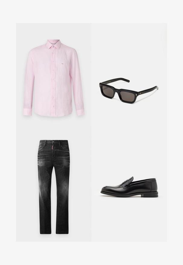 Ružičasta lanena košulja s dugim rukavima i ovratnikom s gumbima, s malim izvezenim logotipom na prsima i prednjim zatvaranjem na gumbe.; Crne traperice od denima ravnog kroja. Imaju izbljedjela područja, male oštećenja, klasičan dizajn s pet džepova i kopčanje na dugme.; Crni kožni mokasini s glatkom teksturom, zaobljenim prstima i ukrasnom trakom preko prednjeg dijela. Niski slojeviti potplat, minimalistički dizajn.; Crne pravokutne sunčane naočale s tamnim lećama, debelim plastičnim okvirom, zlatnim akcentima na sljepoočnicama i logotipom marke ugraviranim na dršku.