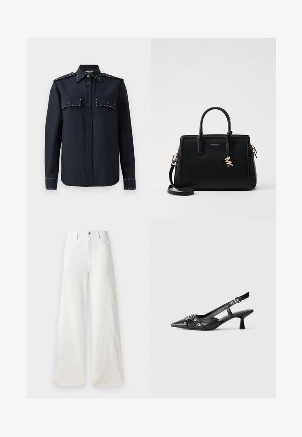 Tengerészkék hosszú ujjú ing, gombos záródással és két elülső zsebből. Ezüst szegecsek találhatók a zsebeken és az ujjakon, sima anyagból készült.; Fehér, bő szárú farmernadrág oldalsó hímzett mintázattal és hagyományos, öt zsebes dizájnnal. Cipzáras záródással és gombbal.; Fekete bőr slingback cipő hegyes orral, dekoratív pántokkal, fém szemekkel és alacsony blokk sarkú. Texturált felület.; Fekete bőr kézitáska strukturált dizájnnal, dupla felső fogantyúkkal, levehető vállpánttal, arany színű fémrészletekkel és logómedál díszítéssel.