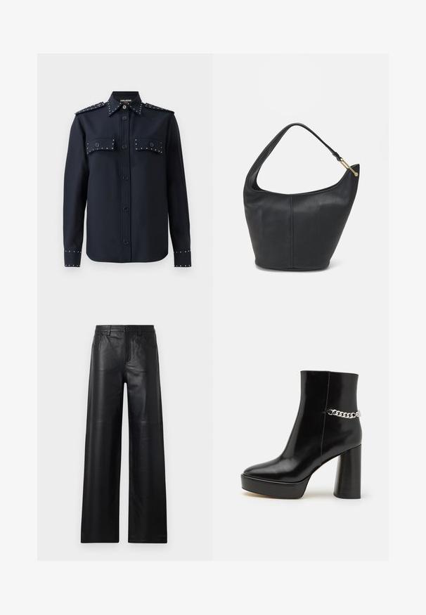 Tumesinine särk pikkade varrukatega, nööbiga kinnitamine ja kaks esitaskut. Omab hõbedasi nuppe taskutel ja varrukatel, valmistatud siledast kangast.; Laiad mustad nahkpüksid siledast tekstuurist, esi-taskute, nööbiga sulgemise ja peente õmblusdetailidega.; Mustad nahast pahkluu saapad, millel on paks platvorm ja kõrge plokk-kand. Ettevaatlikult kaunistatud hõbedase kettiga külgedel. Siledad pinnad.; Musthave musta nahast käekott ümarate servadega, laia rihmaga ja tekstureeritud pinnaga. Omab peenelt õmblust detailina ning kullatooni aksessuaare.