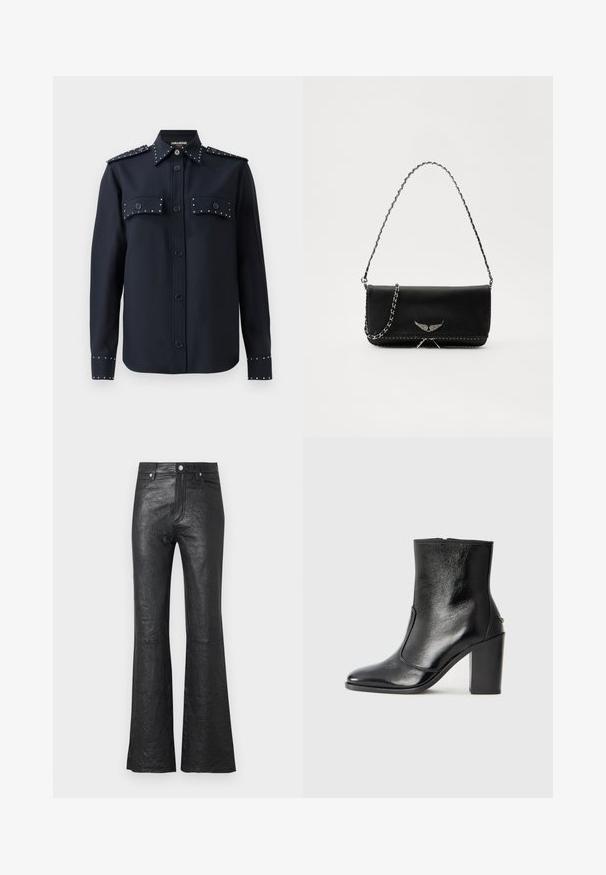 Jūras zils krekls ar garām piedurknēm, kniedēm, un divām priekšējām kabatām. Uz kabatām un piedurknēm ir sudraba kniedes, izgatavots no gludas auduma.; Melna ādas izplešanās bikses ar grumbuļotu tekstūru, augstu vidukli, priekšējām kabatām un klasisku pogu aizdari ar rāvējslēdzēju.; Melnas ādas potīšu zābaki ar gludu tekstūru, smailu purngalu un masīlu augstu papēdi. Iekļauts sānu atvērums un minimālistisks dizains.; Melnas ādas rokassomā ar sudraba ķēdes siksnu, kurai ir dekoratīvi spārnu akcenti un baltā šuvēšana apakšējā šuvē.