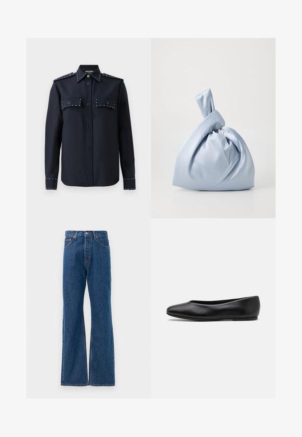 Marineblaues Hemd mit langen Ärmeln, Knopfverschluss und zwei Fronttaschen. Verziert mit silbernen Nieten an den Taschen und Bündchen, aus einem glatten Stoff gefertigt.; Blaue, ausgestellte Jeans aus Denim mit hoher Taille, fünf Taschen, silbernem Knopfverschluss und sichtbaren Nähten.; Paul Smith TOPANGA - Klassischer Ballerina - black; Nanushka JEN - Handtasche - ice blue