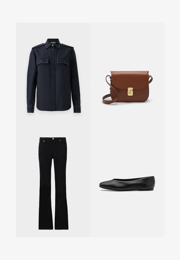 Navy shirt with long sleeves, button closure, and two front pockets. Features silver studs on pockets and cuffs, made from a smooth fabric.; Black flared jeans made of denim, featuring two front pockets, a button closure, and a smooth texture. Signature stitching visible at seams.; Paul Smith TOPANGA - Ballet pumps - black; Brown leather handbag with a flap closure, gold-tone hardware, a shoulder strap, and a smooth texture. Compact rectangular shape.