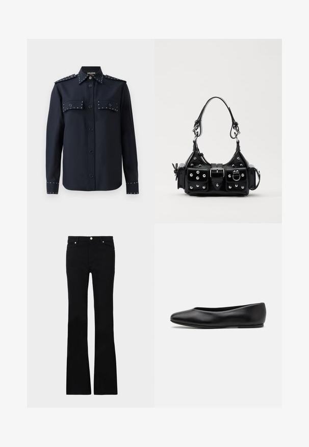 Marineblå skjorte med lange ærmer, knaplukning og to frontlommer. Har sølvfarvede nitter på lommerne og ærmerne, lavet af et glat materiale.; Sorte bløde jeans lavet af denim, med to frontlommer, knaplukning og en glat tekstur. Signaturstikninger synlige ved sømmene.; Paul Smith TOPANGA - Ballerinasko - black; Sort læderhåndtaske med et buet design, prydet med sølvfarvede nitter, en spænde og to sidelommer. Justerbar rem til forskellige bære muligheder.