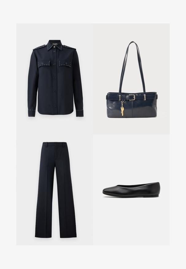 Mornarska košulja dugih rukava, s gumbima i dva prednja džepa. Ima srebrne zakovice na džepovima i rukavima, izrađena je od glatkog materijala.; Hlače širokih nogavica u crnoj boji. Prilagođeni kroj s glatkom teksturom. Imaju red metalnih zakovica duž bočnih šavova kao detalj.; Paul Smith TOPANGA - Balerinke - black; Morska kožna torbica s dva duga ramena, detaljem kopče i privjeskom za ključeve. Ima glatku teksturu i pravokutni oblik.