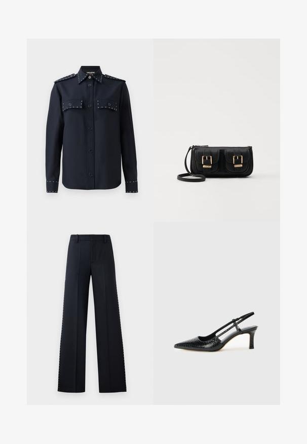 Tengerészkék hosszú ujjú ing, gombos záródással és két elülső zsebből. Ezüst szegecsek találhatók a zsebeken és az ujjakon, sima anyagból készült.; Fekete, széles lábú nadrág. Kicsit karcsúsított szabás sima textúrával. Az oldalsó varrásnál fémgombok sorával díszítve.; Fekete lakk slingback sarok, hegyes orral, texturált kígyómintával, állítható pánttal és rövid, texturált tömbsarkal.; Fekete bőr keresztbody táska két elülső zsebbel, arany csattokkal, cipzáras záródással és vékony pánttal. Textúrált felület és kompakt téglalap alak.