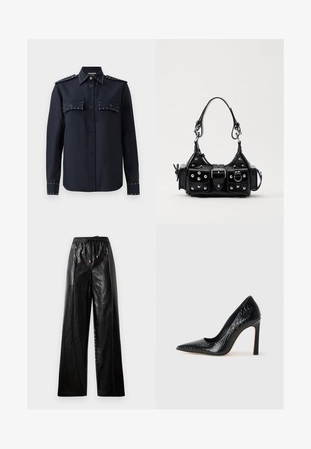 Granatowa koszula z długim rękawem, z zapięciem na guziki i dwoma przednimi kieszeniami. Posiada srebrne ćwieki na kieszeniach i mankietach, wykonana z gładkiego materiału.; Czarne skórzane spodnie typu wide-leg z elastycznym pasem, sznurkiem i złotymi akcentami. Gładka tekstura i luźny krój.; Czarne szpilki z ostrym noskiem, pokryte teksturą skóry krokodyla, charakteryzujące się eleganckim wzornictwem, wysokim obcasem w stylu stiletto oraz gładkim czarnym wnętrzem.; Czarna skórzana torebka w zakrzywionym kształcie, z srebrnymi ćwiekami, klamrą i dwoma bocznymi kieszeniami. Regulowany pasek umożliwiający różne opcje noszenia.