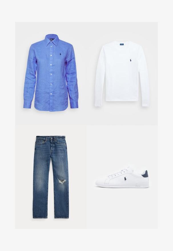 Šviesiai mėlynas lininis ilgomis rankovėmis marškinis, užsegamas mygtukais, su mažuoju juodu logotipu kairėje krūtinės pusėje ir baltais mygtukais.; Balta ilgomis rankovėmis marška, pagaminta iš medvilnės, apvalia kaklaskare. Kairėje krūtinės pusėje yra mažas tamsiai mėlynas logotipas. Paprastas dizainas, reguliaraus kirpimo.; Mėlyni džinsai su vidutiniais liemeniu, penkiomis kišenėmis ir suplėšymu dešiniajame kelyje.; Baltos odinės sportbačiai su lygiu paviršiumi, tamsiai mėlyni akcentai ir mažas logotipas šone. Yra plokščios raišteliai ir tekstūruotas gumos padas.