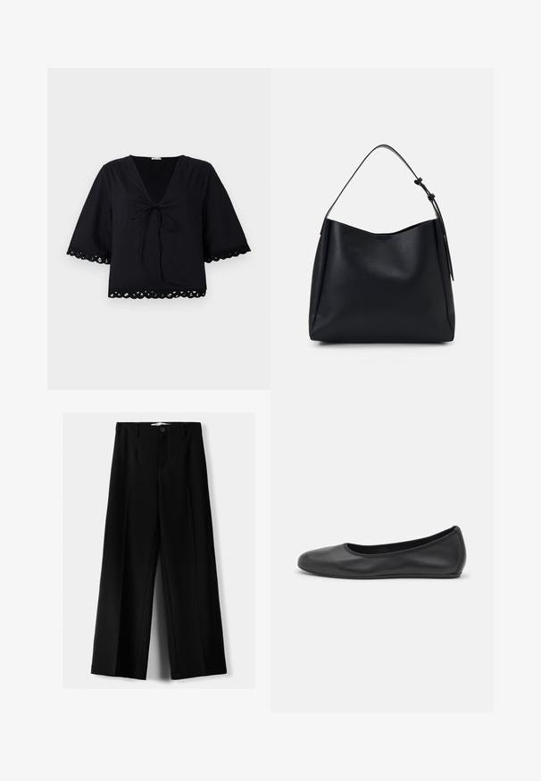 By Malene Birger ULRIKKE - Blúz - black; Fekete, bő szárú nadrág, könnyű anyagból, elöl gombos záródással és sima elfröccsenésű fazonnal, szépen varrott szegélyekkel.; Fekete bőr balettcipő lekerekített orral, sima tekstúrával, minimális varrással és rugalmas talp kialakítással.; Fekete bőr hobo táska egyetlen vállpánttal, sima felülettel, kúpos tetejével és minimális designnal, látható hardver nélkül.